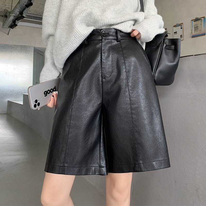 2025 Women's Leather Shorts Autumn and Winter Pu Washed Leather Pants High-Waisted Wide-Leg Knee-Length Pants Loose Slimming Boot Shorts Straight-Leg Mid-Length Pants 2025 Women's Leather Shorts Autumn and Winter Pu Washed Leather Pants High-Waisted Wide-Leg Knee-Length Pants Loose Slimming Boot Shorts Straight-Leg Mid-Length Pants