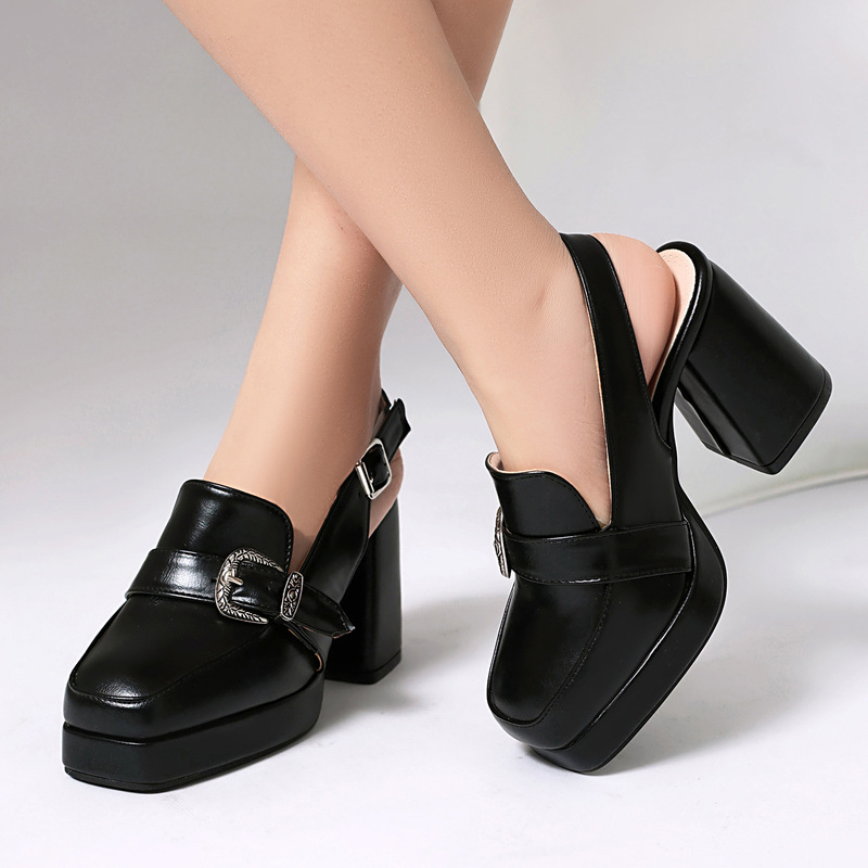 Early Spring 2025 Cross-Border Fashion High-Heeled Thick-Soled Shoes in Large Sizes 40-45, British Style with Belt Buckle and Open Back Early Spring 2025 Cross-Border Fashion High-Heeled Thick-Soled Shoes in Large Sizes 40-45, British Style with Belt Buckle and Open Back