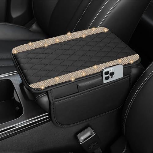 Car Shiny Crystal Armrest Box Mat Center Console Cover Leather Cover Pad Storage Bag Universal Protective Pad Arm Storage
