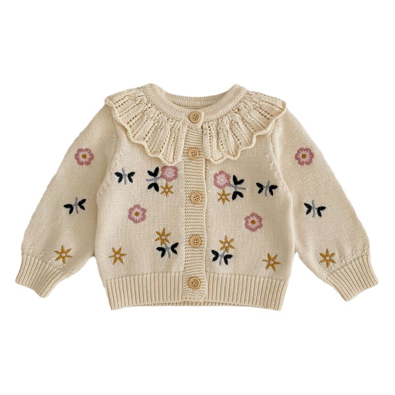 2023 primavera todo-Partido bebé niñas flor bordado Lotus collar de punto algodón de manga larga cardigan abrigo ropa de los niños