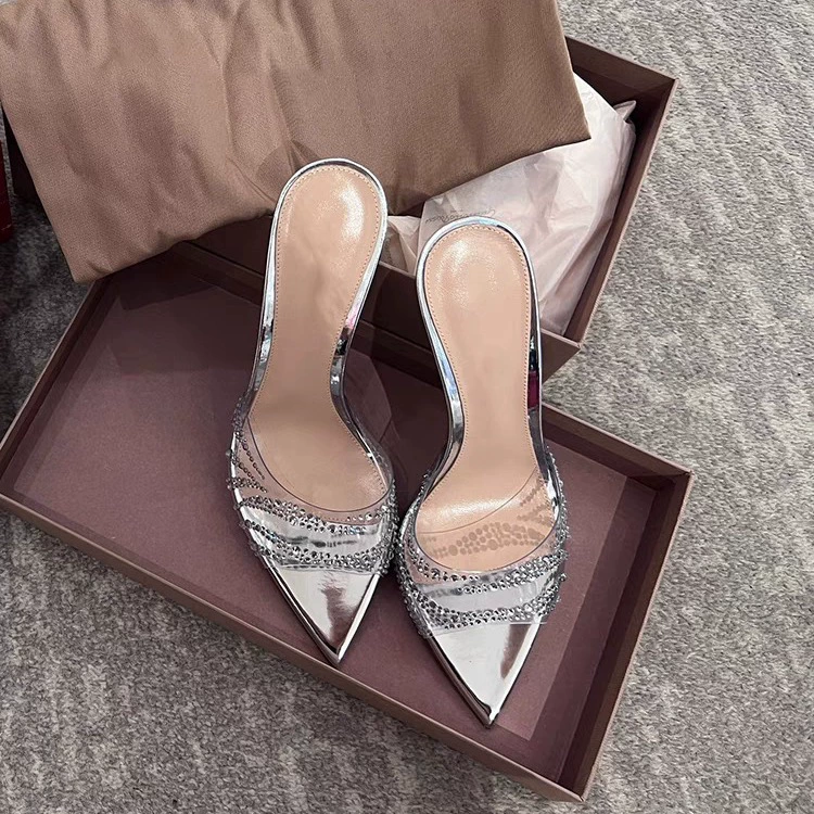 Высокие шлепанцы с заостренным носком, сексуальные серебристые сандалии, французский стиль