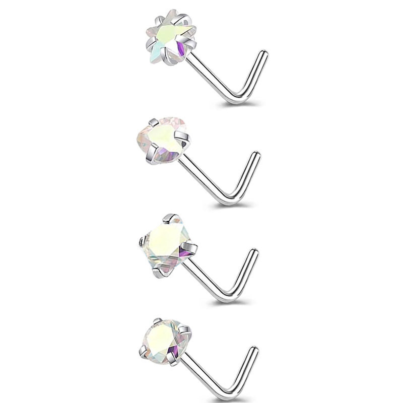Titanium Steel Curved Stud Five-Pointed Star Square Heart L S Rod Ring Mini Inlaid Stone Girl Facial Nose Jewelry_voghion.com
