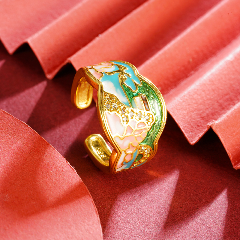 Anillo de oro de arena heredado esmalte goteo de aceite verde montaña verde agua bronce para hombres y mujeres joyas de mano chapadas en oro accesorios Yiwu al por mayor