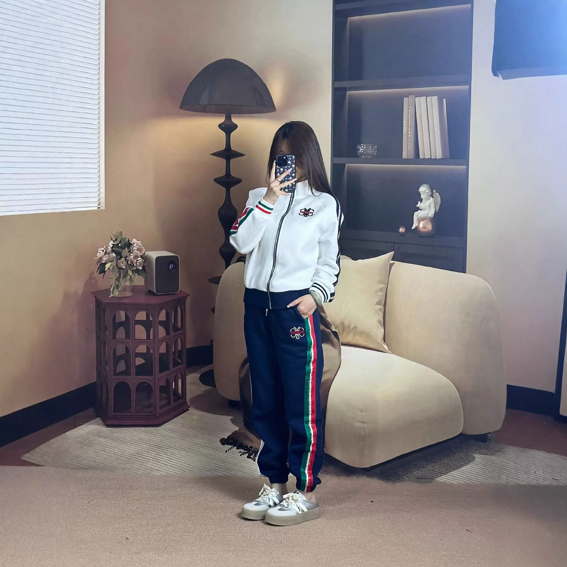 秋冬加绒立领休闲套装小众两件套韩版拼接撞色时尚束脚裤女装套装