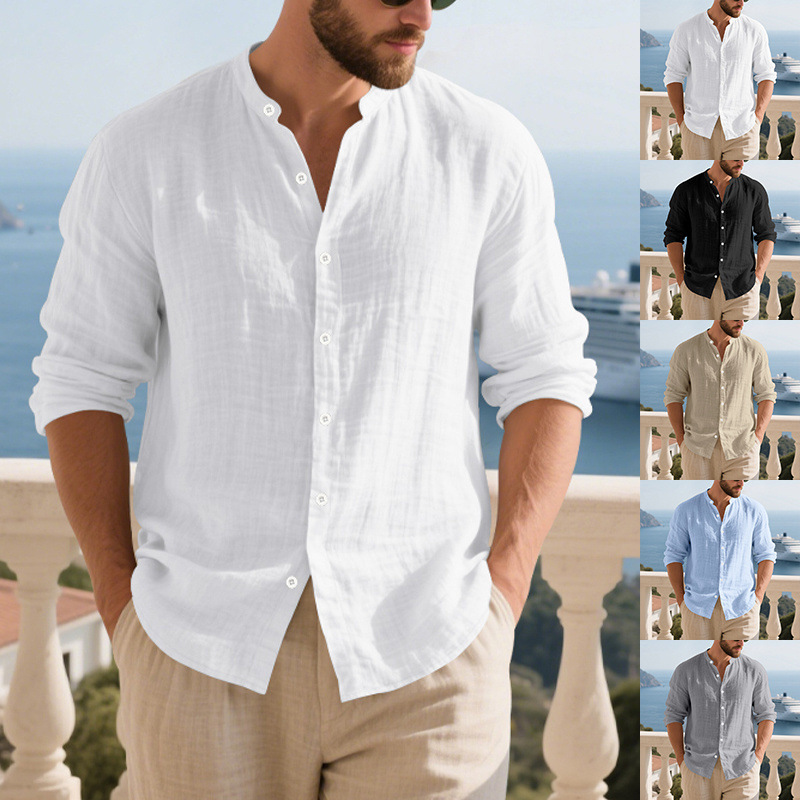 Cross-Border Men's Linen Button-Down Shirt Summer Beach Shirt Long-Sleeved Plain Stand-Up Collar Spring and Summer Casual Daily Wear