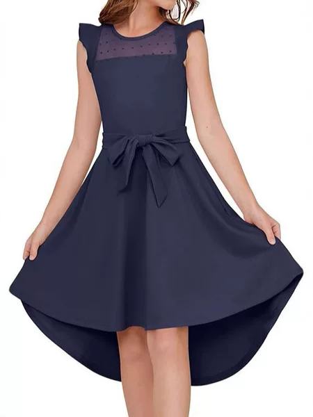 Girl's dress Summer Folded Sleeve Mesh A- line Casual Party Dress Belt Dress Dress with Pocket