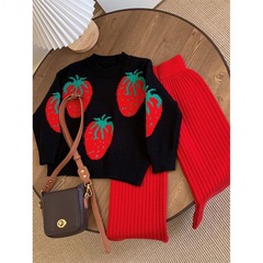 ~Women's Children's Set of Two for Autumn and Winter Wear~ Knit Top and Jacket with Floral Strawberries, Cute Ribbed Long Pants