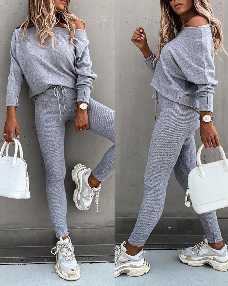 Solid Color Sloping Shoulder Long Sleeve Shirt & Pants 2 Piece Set NSYF66877