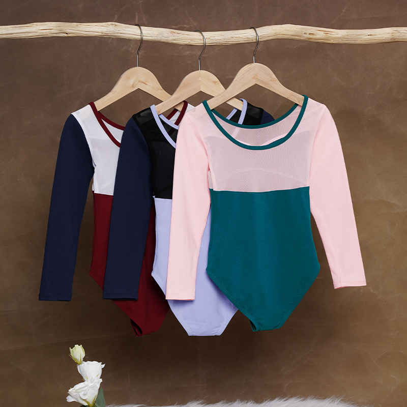 Traje de baile para niños Traje de entrenamiento de manga larga de primavera para mujer Traje de gimnasia de dos piezas falso Traje de ballet con costuras de color en contraste Traje de rendimiento