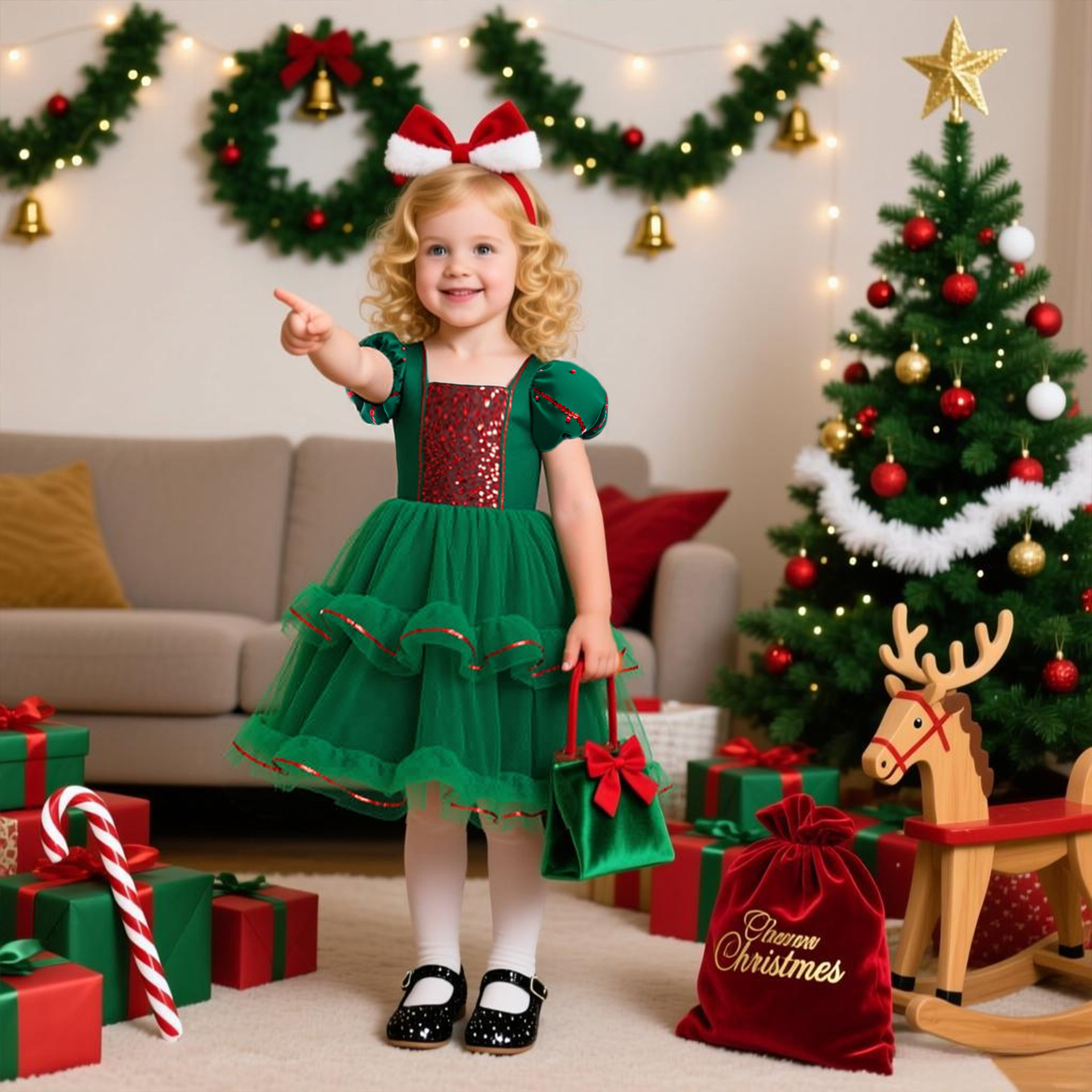 Navidad transfronteriza vestido de niña malla clavado vestido de linterna mangas vestido de princesa vestido de Navidad