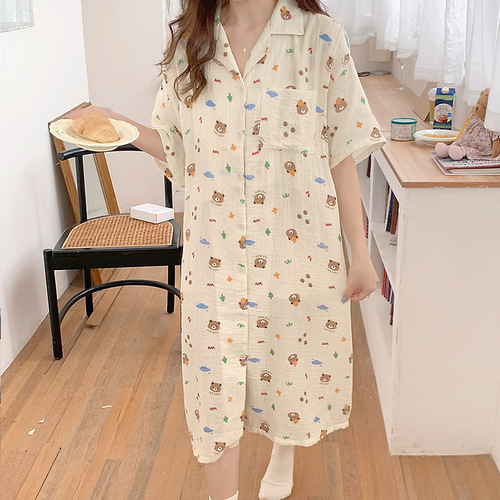 Pregnant women breastfeeding nightgown summer thin short-sleeved pure cotton gauze postpartum clothing pajamas summer maternity check-up dress