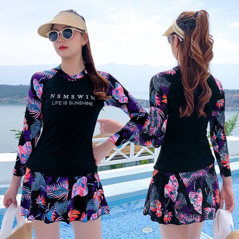 Traje de baño de manga larga estilo deportivo de las mujeres casual slim fit adelgazamiento split Boxer falda de dos piezas conjunto vacaciones traje de baño de aguas termales