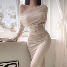 韩国东大门春夏新款气质一字领修身露肩显身材收腰绑带包臀连衣裙