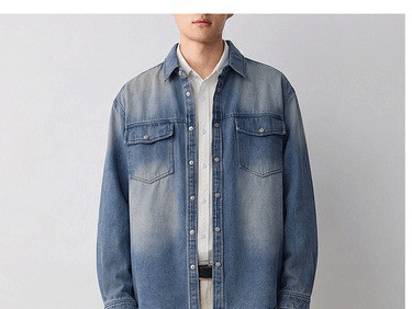 Áo sơ mi denim nam phong cách đường phố, hiệu ứng mài trắng làm cũ, hai túi ngực — Cao bồi xanh chi tiết 12
