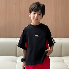 アメリカンストリートデザインコントラストカラー男の子半袖Tシャツ子供夏ルーズレーシングスーツカジュアルラウンドネックトップトレンディ