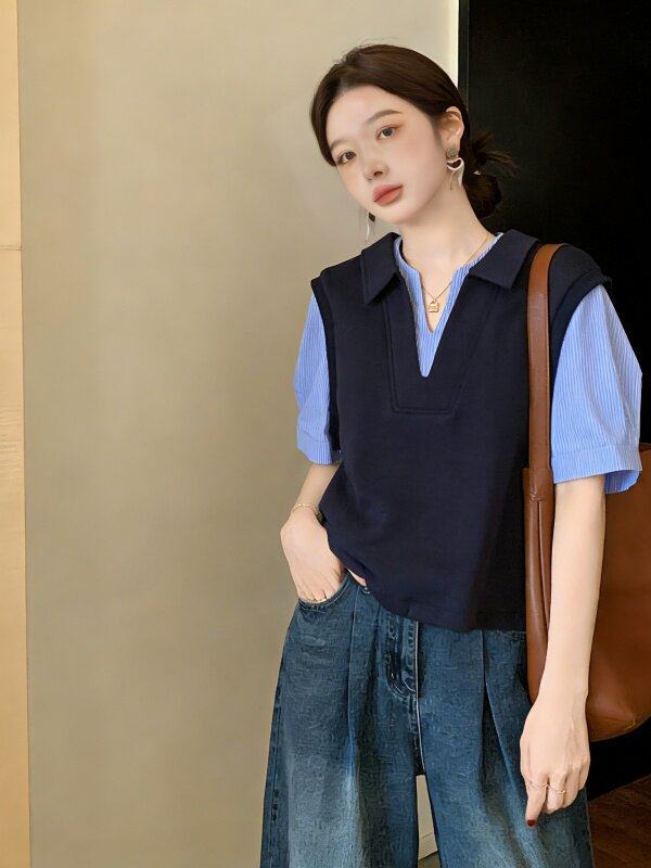 Áo sơ mi polo nữ tay ngắn cổ bẻ vai giả hai lớp form rộng — Màu ảnh