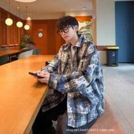 美式复古格纹长袖衬衫男春秋季潮牌vintage宽松休闲街头衬衣外套