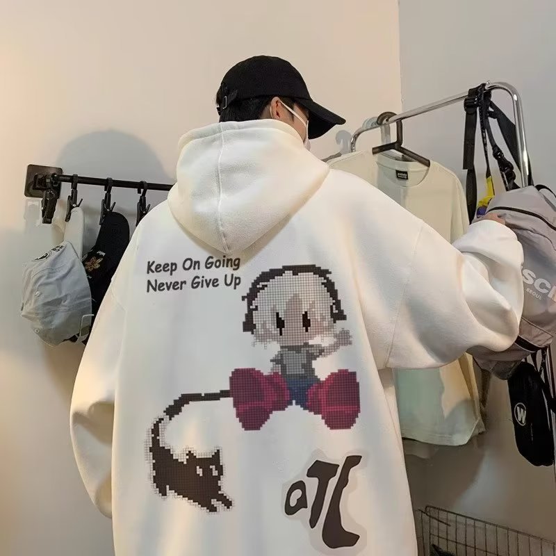 plus size Fashion Brand Pixel Print Hooded Sweatshirt Men's Autumn and Winter American Fashion oversize Heavy Loose Jacket