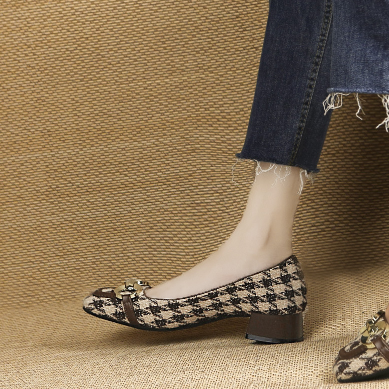 Houndstooth Square Toe Casual Single Shoes Women Summer New Metal Chain Low Heel Shallow Mouth S Soft Bottom Slip On_voghion.com