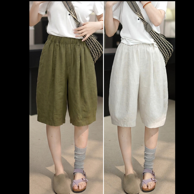 Floral Print Cropped Pants 2026 New Style Women's Casual Linen Pants Loose High-Waisted Mid-Length Shorts for Petite Women