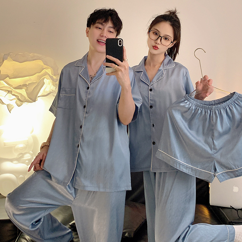 Pajamas de pareja negros de alta calidad de verano de seda de hielo de manga corta pantalones largos delgados para hombres y mujeres de verano de seda de tres piezas