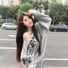 美式辣妹字母印花长袖卫衣女早秋设计感宽松休闲oversize斜肩上衣