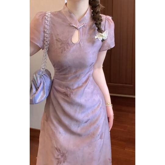 Purple Printed Improved Cheongsam Dress for Women Summer New Style High-End New Chinese Style National Style Waist Long Skirt