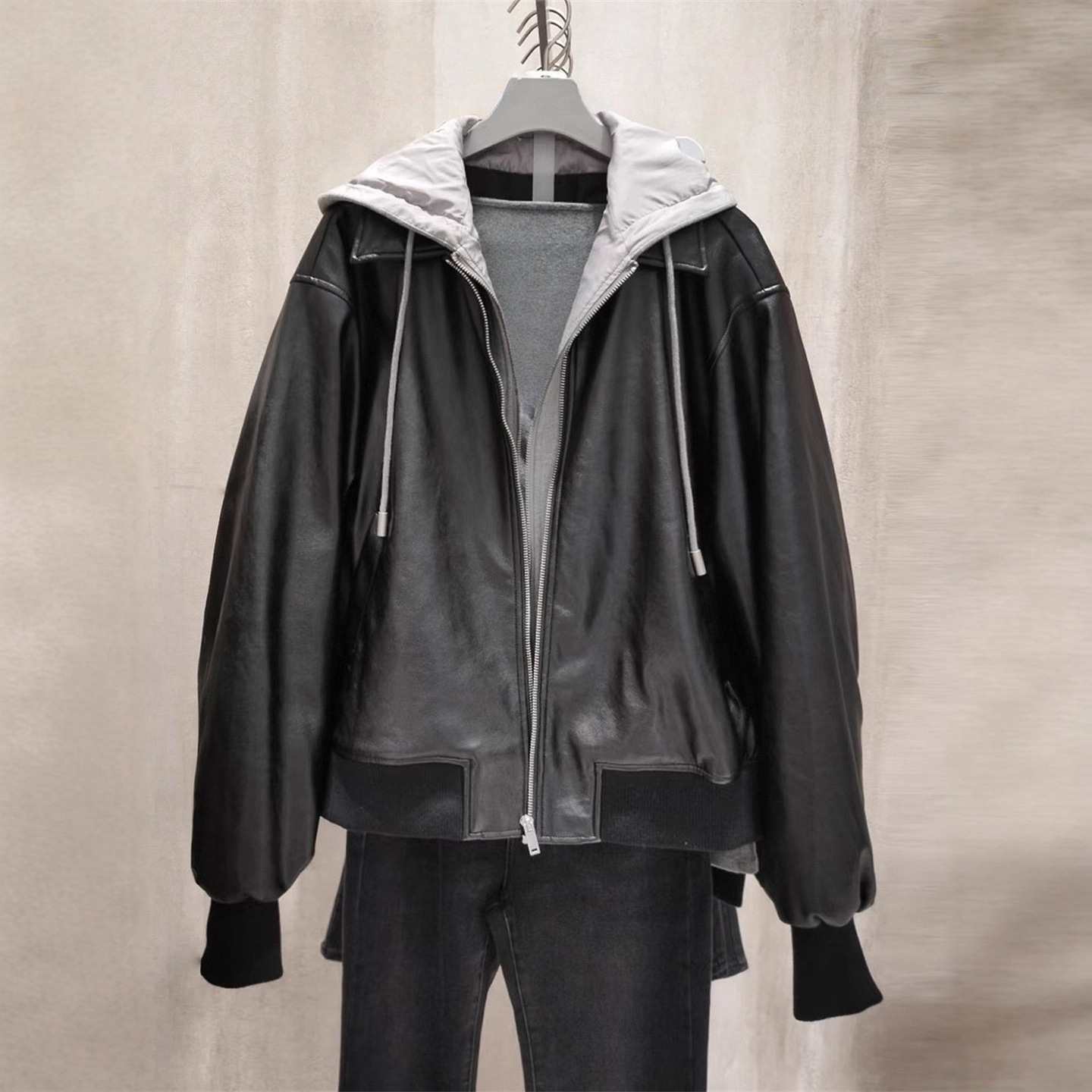 Winter New Women's Casual Fashion Trendy Cool Patchwork Hooded Pu Leather Jacket Cotton Coat 150098