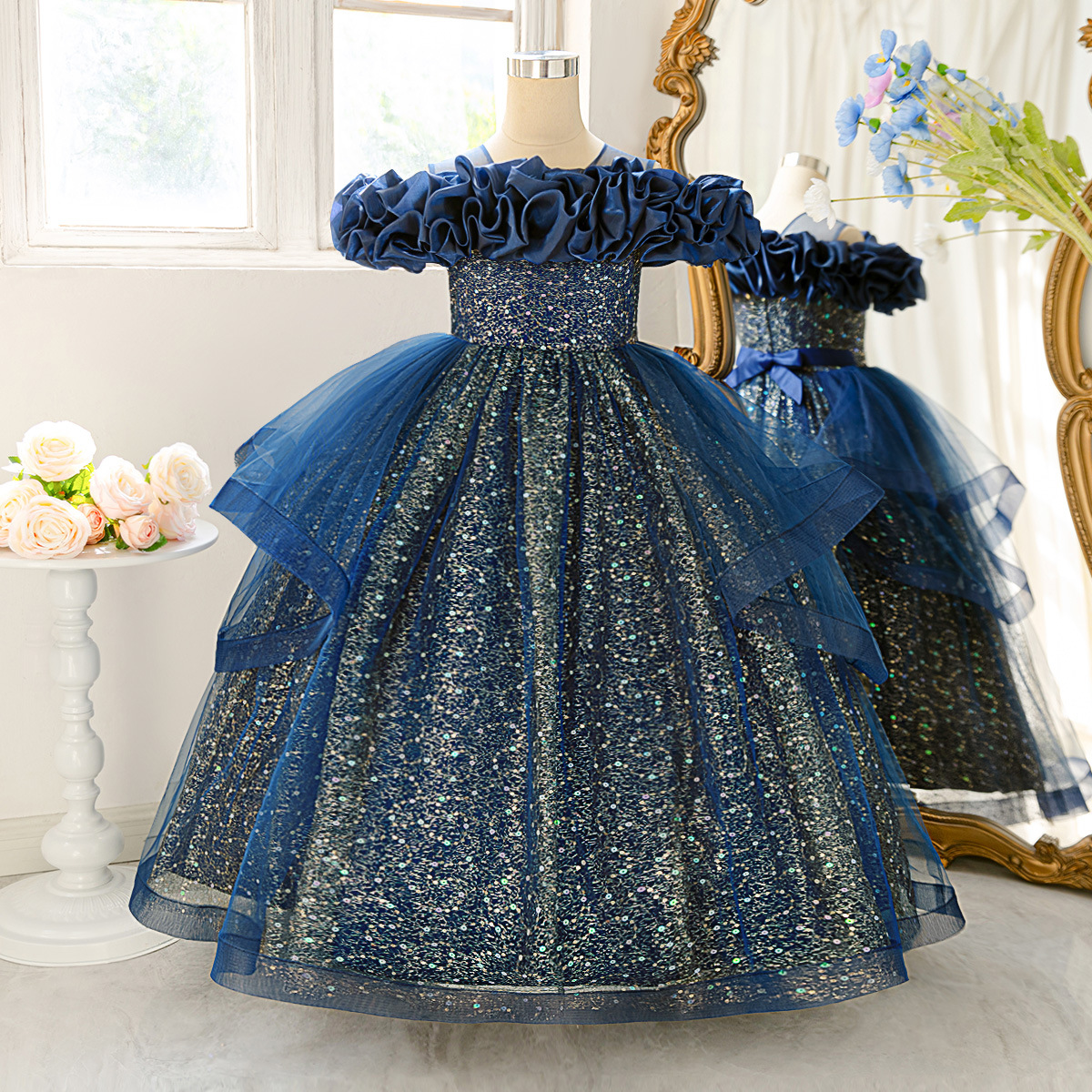 Nuevos vestidos para niños europeos y americanos, vestidos de princesa, elegantes faldas de tutú de malla, vestidos de noche de fiesta de cumpleaños para niñas de flores