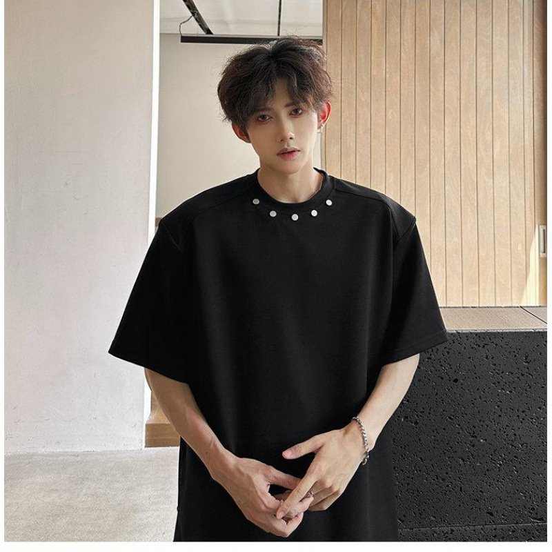 美式复古正肩t恤男设计感小众cleanfit短袖高街小领口垫肩七分袖