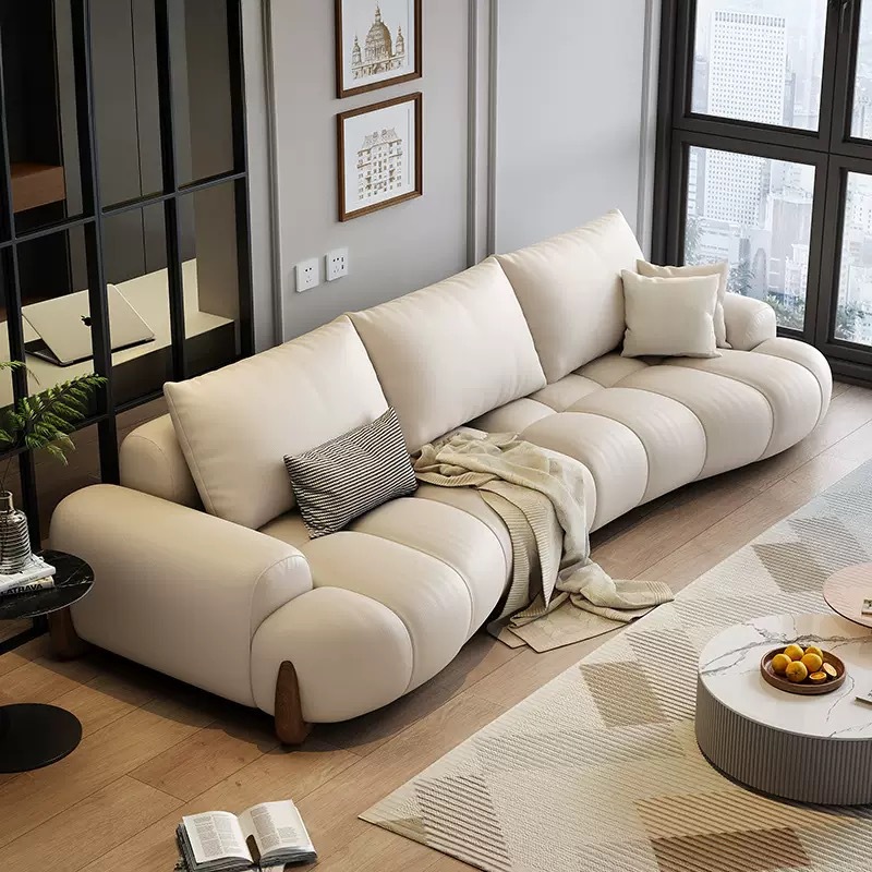 Foshan Furniture Genuine Leather Sofa Black Top-Grain Leather Modern Minimalist Living Room Movable Backrest Curved Sofa Bed 4