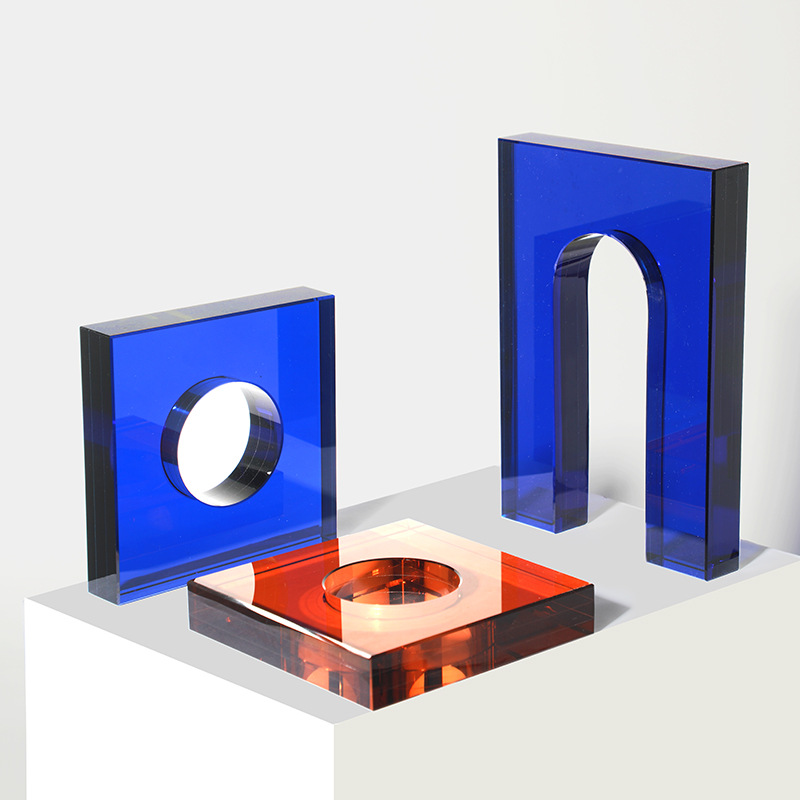 现代欧式轻奢家居装饰几何透明水晶摆件 桌面电视柜茶色方形水晶