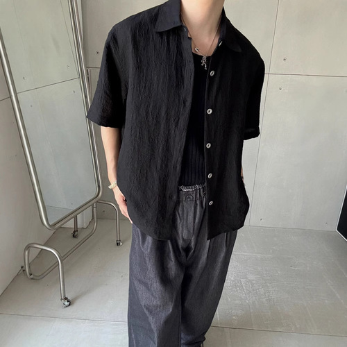 Textured vintage money style summer lazy style men's vacation casual loose short-sleeved shirt