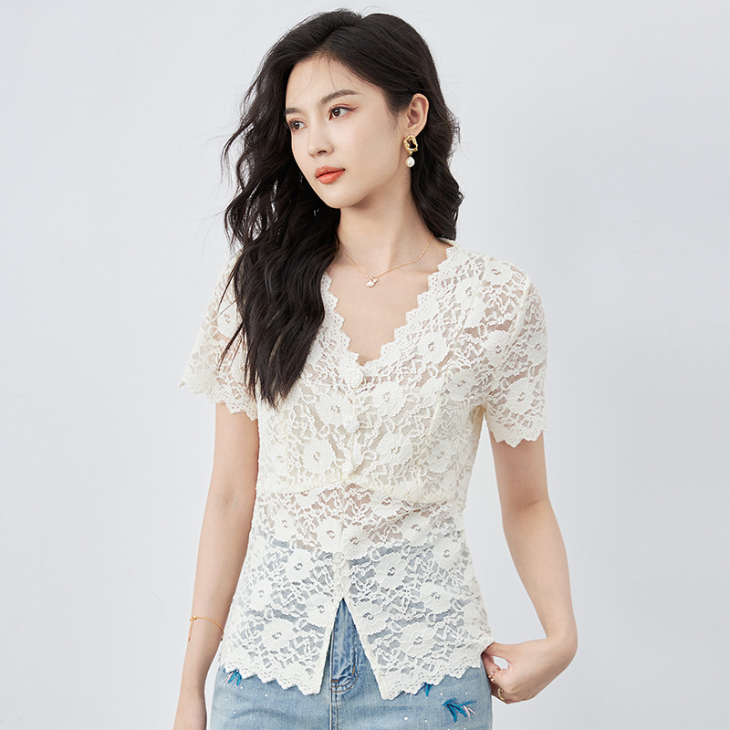 2417312-Shenzhen Nanyou French Style Elegant Slimming Look Stretch Lace Versatile T-Shirt Tops Women's Summer