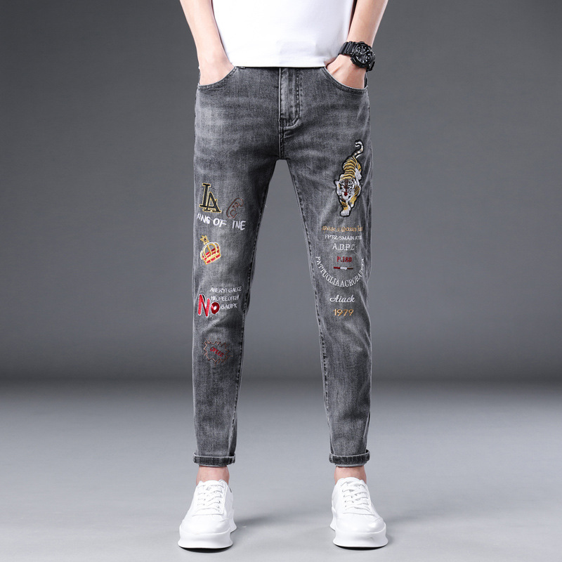 Frühling und Sommer neue elastische Jeans für Herren, lässige Slim-Fit-9/4-Hosen, trendige Markenstickerei_voghion.com