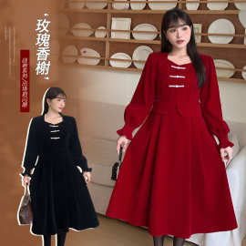 冬季新款红色方领显瘦连衣裙女胖mm大码62846【特价产品不退换】