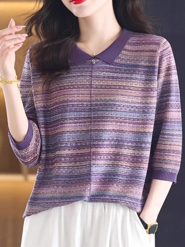 中老年妈妈穿搭一整套春秋时尚提花翻领针织衫松紧腰休闲裤两件套|undefined
