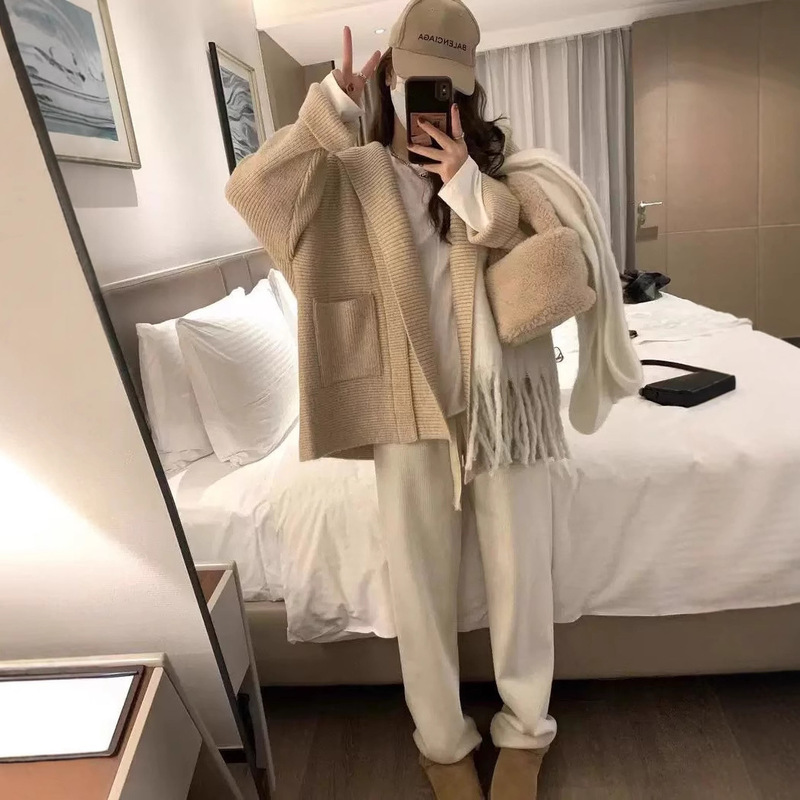 高级感连帽毛衣外套上衣女秋冬复古气质宽松慵懒大衣针织开衫加厚|undefined