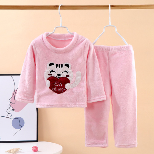 Children's Flannel Pajama Set Autumn/Winter Thicken Warm Men's and Women's Home Clothes Medium and Large Children Insulating Coral Fleece