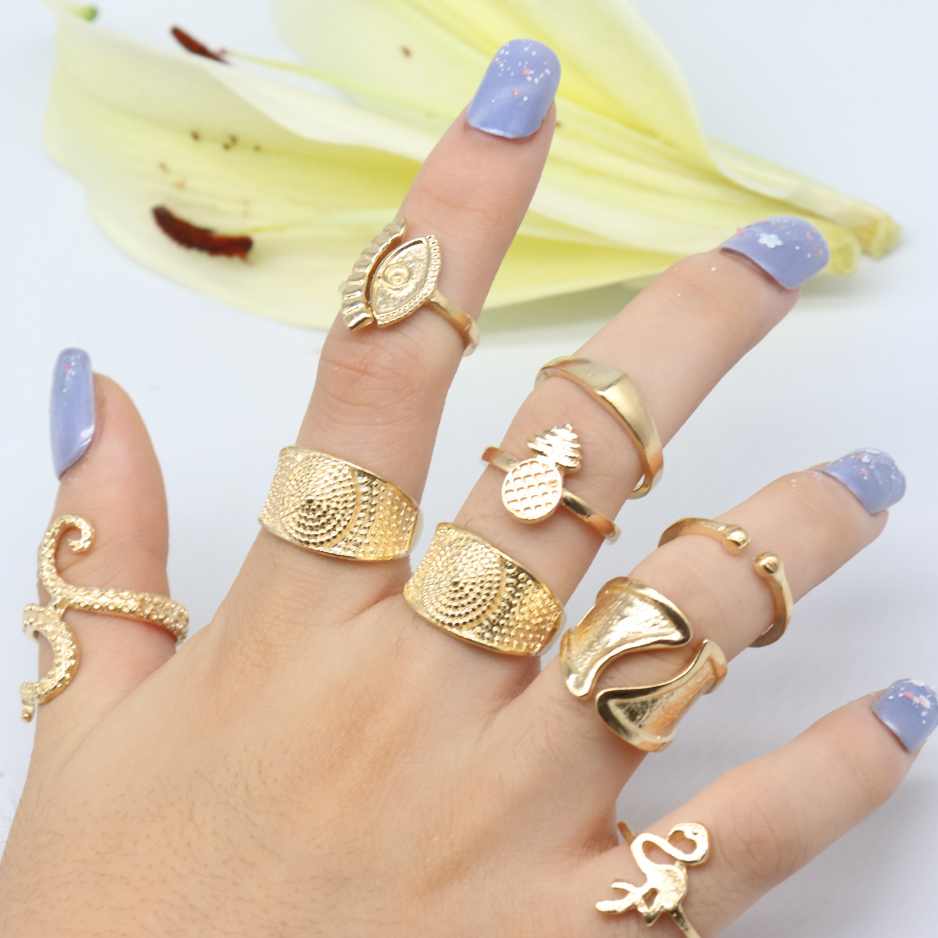 跨境欧美速卖通海洋风菠萝章鱼眼睛沙堆夸张时尚个性套装组合戒指