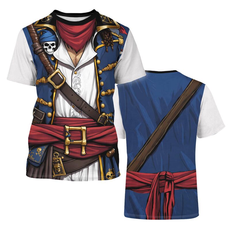 Pirate King Anime Pirate Captain Tuxedo Fun Cosplay Costume T-Shirt Round Neck Short Sleeve Casual Top