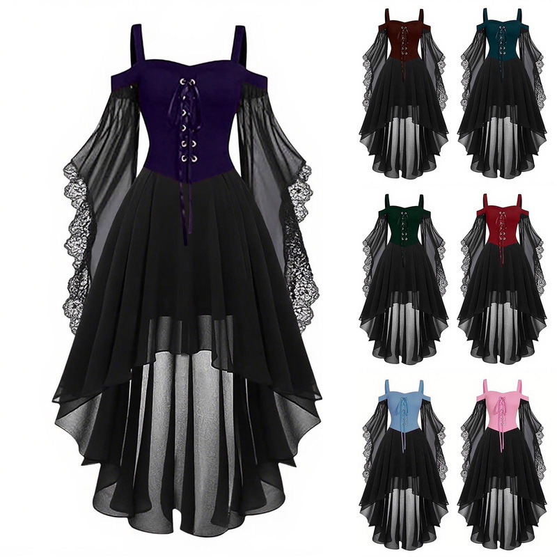 Amazon Aliexpress Gothic Style Halloween Witch Short Front and Long Back Tie-Up Long Dress with Large Hem Amazon Aliexpress Gothic Style Halloween Witch Short Front and Long Back Tie-Up Long Dress with Large Hem