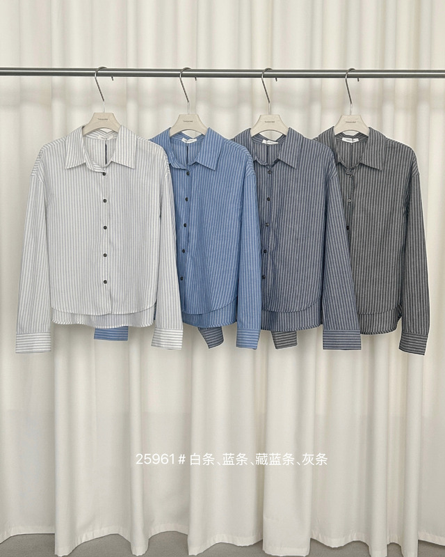 TG 通勤竖条纹百搭翻领衬衣女2025秋季新款宽松长袖系扣开衫25691|undefined