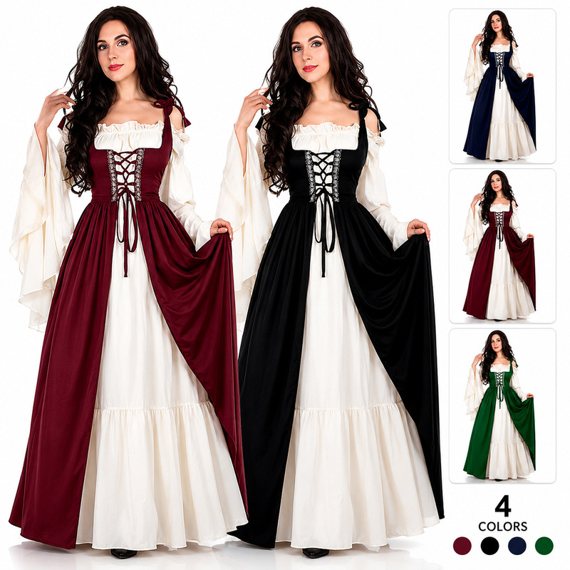 Halloween Costume Amazon Explosions European and American Square Collar Bundle Waist Medieval Renaissance Retro Dress