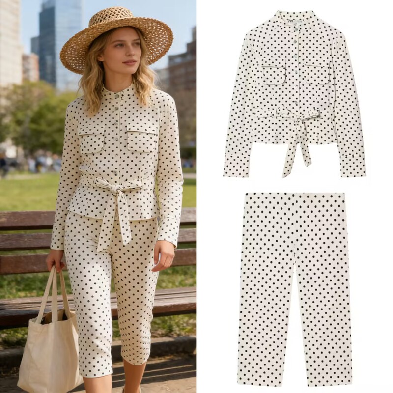 Zr Women's Clothing Export 2026 New European and American Style Fashion Polka Dot Tie Shirt-Style Jacket + Capri Pants Set