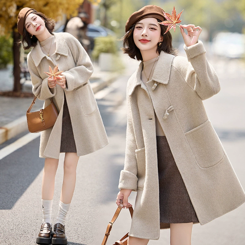 Двустороннее кашемировое пальто для женщин, средней длины, новая модель зимы 2024, ветрозащитное и теплое шерстяное пальто.