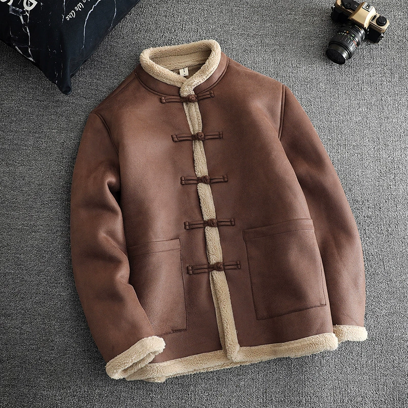 2024 зимний новый китайский стиль мужской хлопчатобумажный кожаный меховый пиджак плюс бархатное теплое пальто китайский костюм