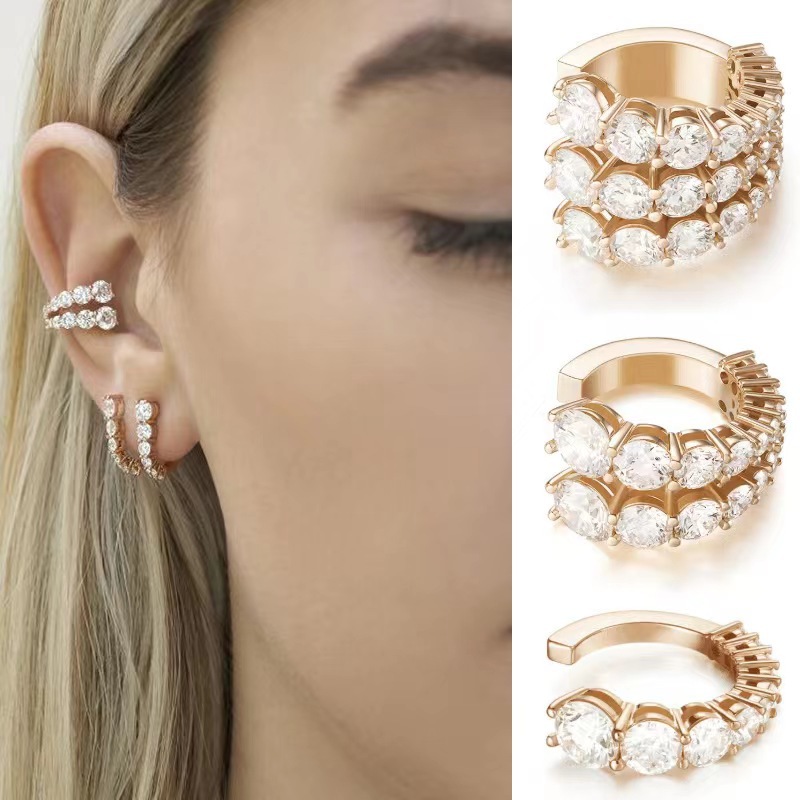 Orecchini a clip per orecchie Orecchini in metallo con temperamento semplice e alla moda da donna Orecchini a forma di C intarsiati con diamanti multistrato europei e americani_voghion.com