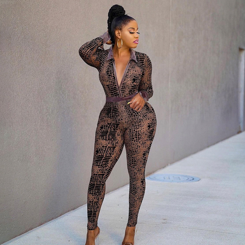 Fashion Snakeskin Polyester Full Length Printing V-Opening Jumpsuits