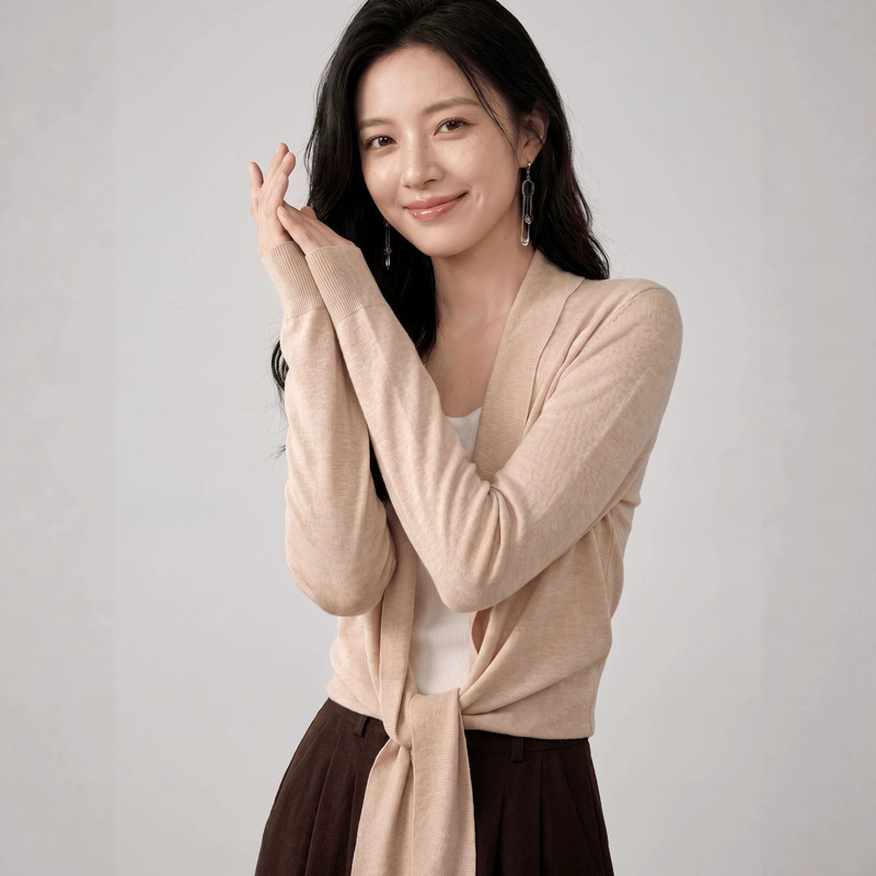2026 Spring/Summer Women's Cardigan 100% Wool Machine Washable Thin Knit Sweater Top with Green Collar Cardigan for Spring/Summer